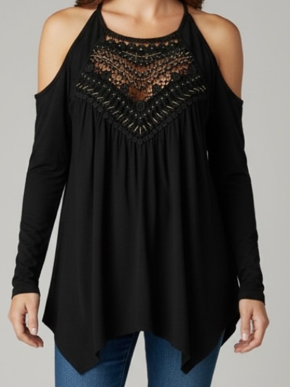 Venus Beaded Lace Halter Top Black Boho Crochet Embroidered Flowy Blouse Small